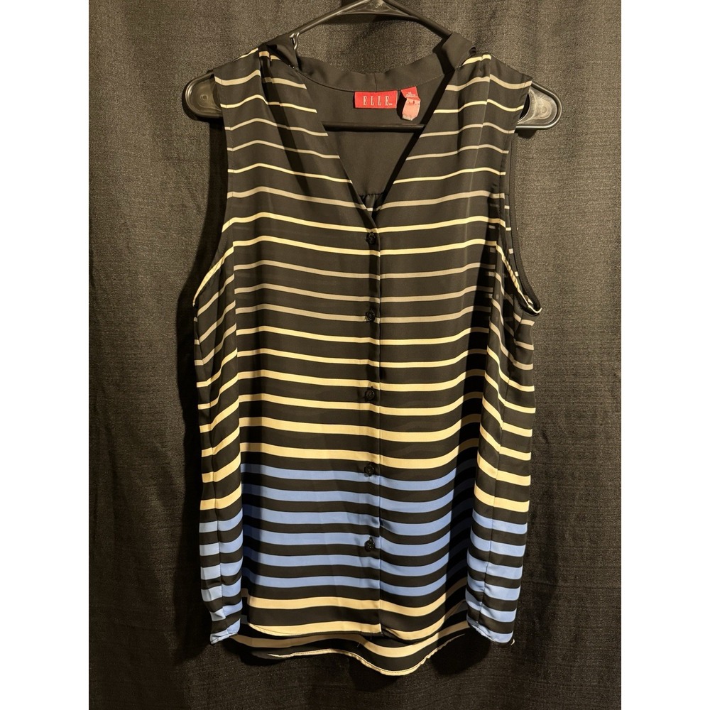 ELLE Women's Size M Sleeveless Striped Button Front Blouse Black Blue Cream